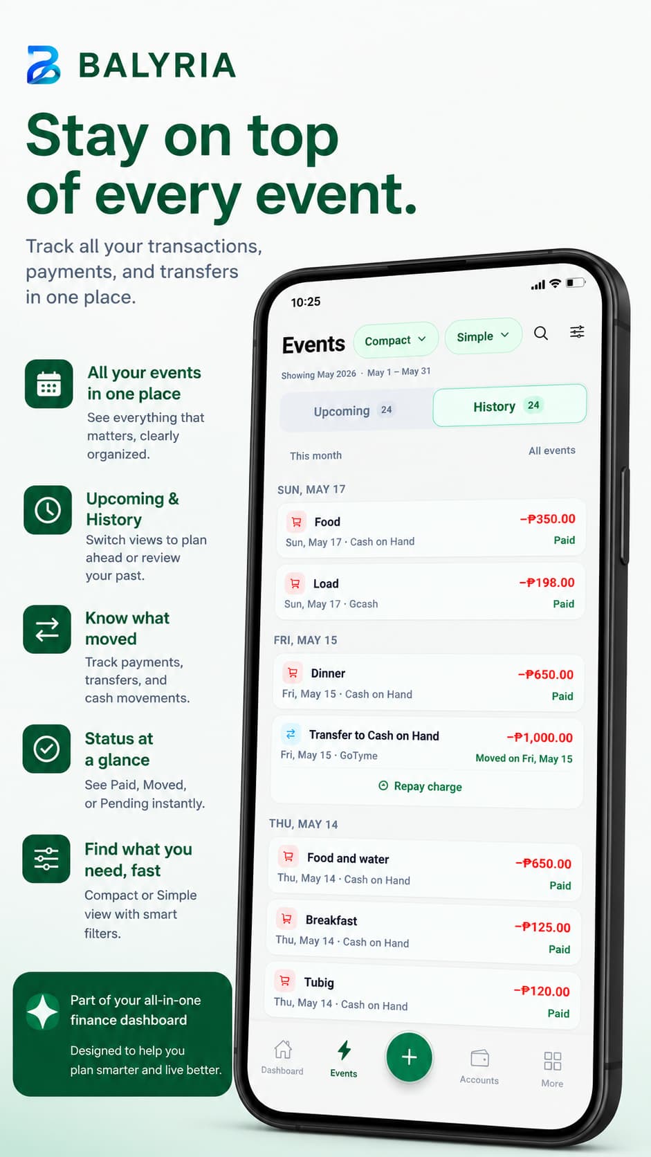 Balyria dashboard for tracking money before payday